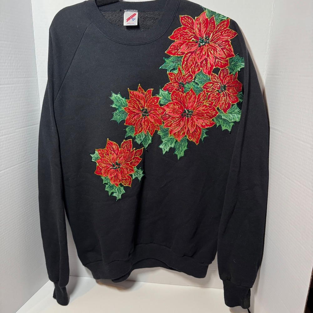 90s Vtg Jerzees Black Poinsettia Christmas‎ Sweatshirt Pullover Women XL Holiday